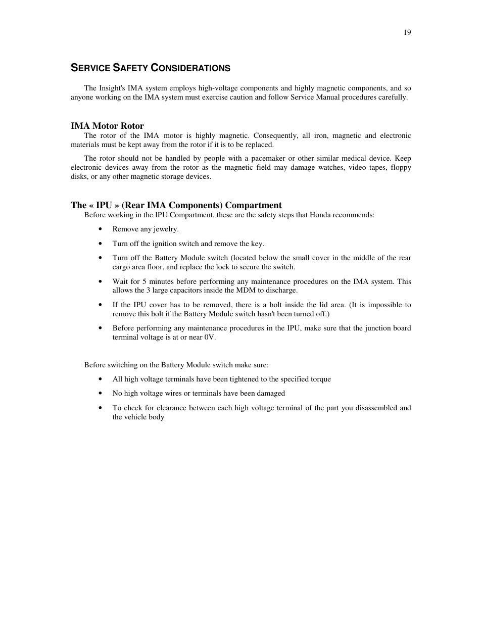 Ervice, Afety, Onsiderations | Ima motor rotor, The « ipu » (rear ima components) compartment | HONDA Insight User Manual | Page 19 / 93