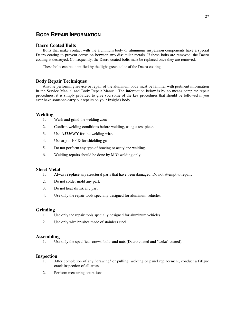 Epair, Nformation, Dacro coated bolts | Body repair techniques, Welding, Sheet metal, Grinding, Assembling, Inspection | HONDA Insight User Manual | Page 27 / 93
