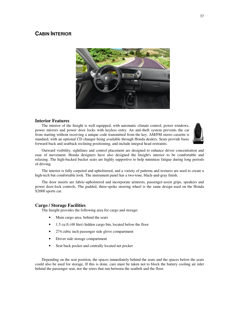 Abin, Nterior, Interior features | Cargo / storage facilities | HONDA Insight User Manual | Page 37 / 93