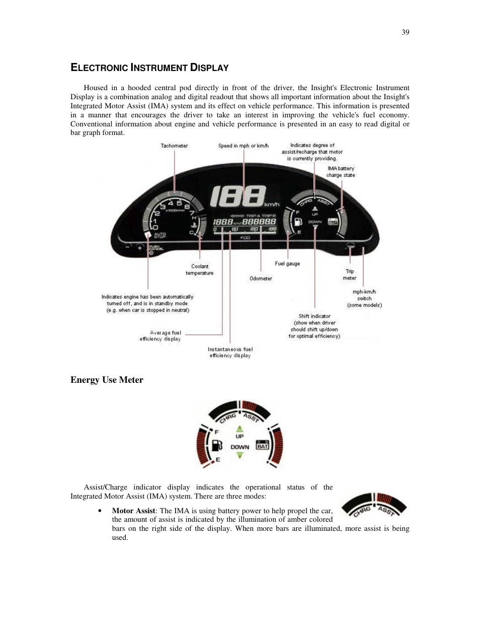 Lectronic, Nstrument, Isplay | Energy use meter | HONDA Insight User Manual | Page 39 / 93