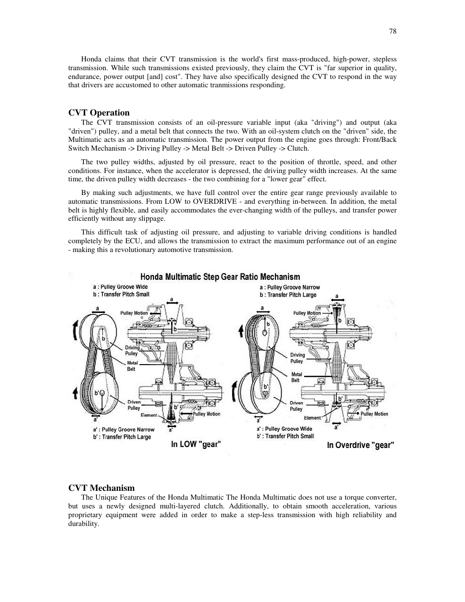 Cvt operation, Cvt mechanism | HONDA Insight User Manual | Page 78 / 93