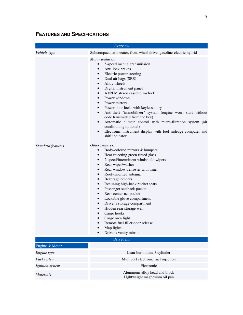 Eatures and, Pecifications | HONDA Insight User Manual | Page 8 / 93