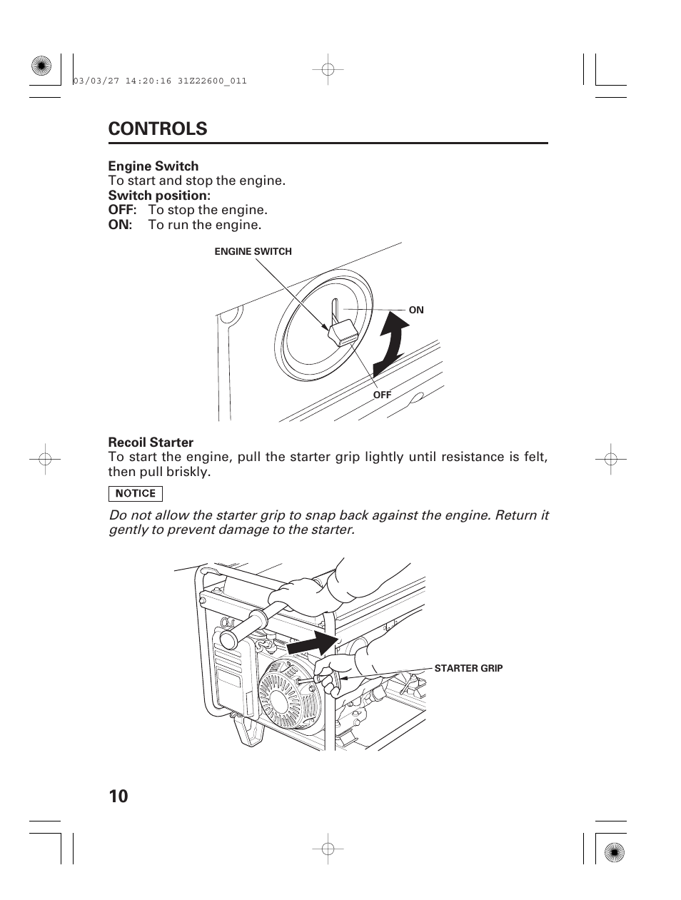 Controls, Engine switch, Recoil starter | 10 controls | HONDA EB3800X User Manual | Page 12 / 69