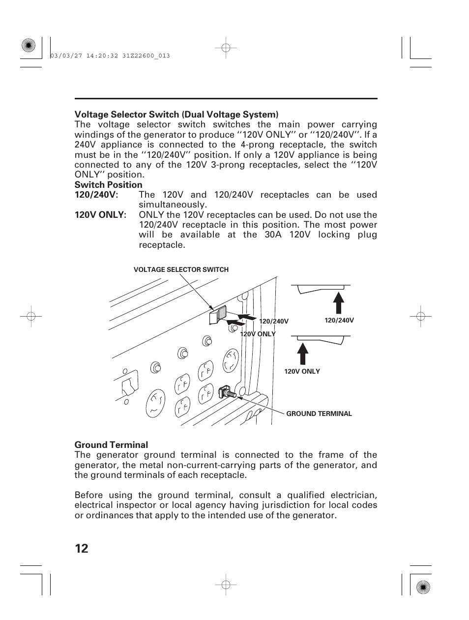 Voltage selector switch, Ground terminal | HONDA EB3800X User Manual | Page 14 / 69