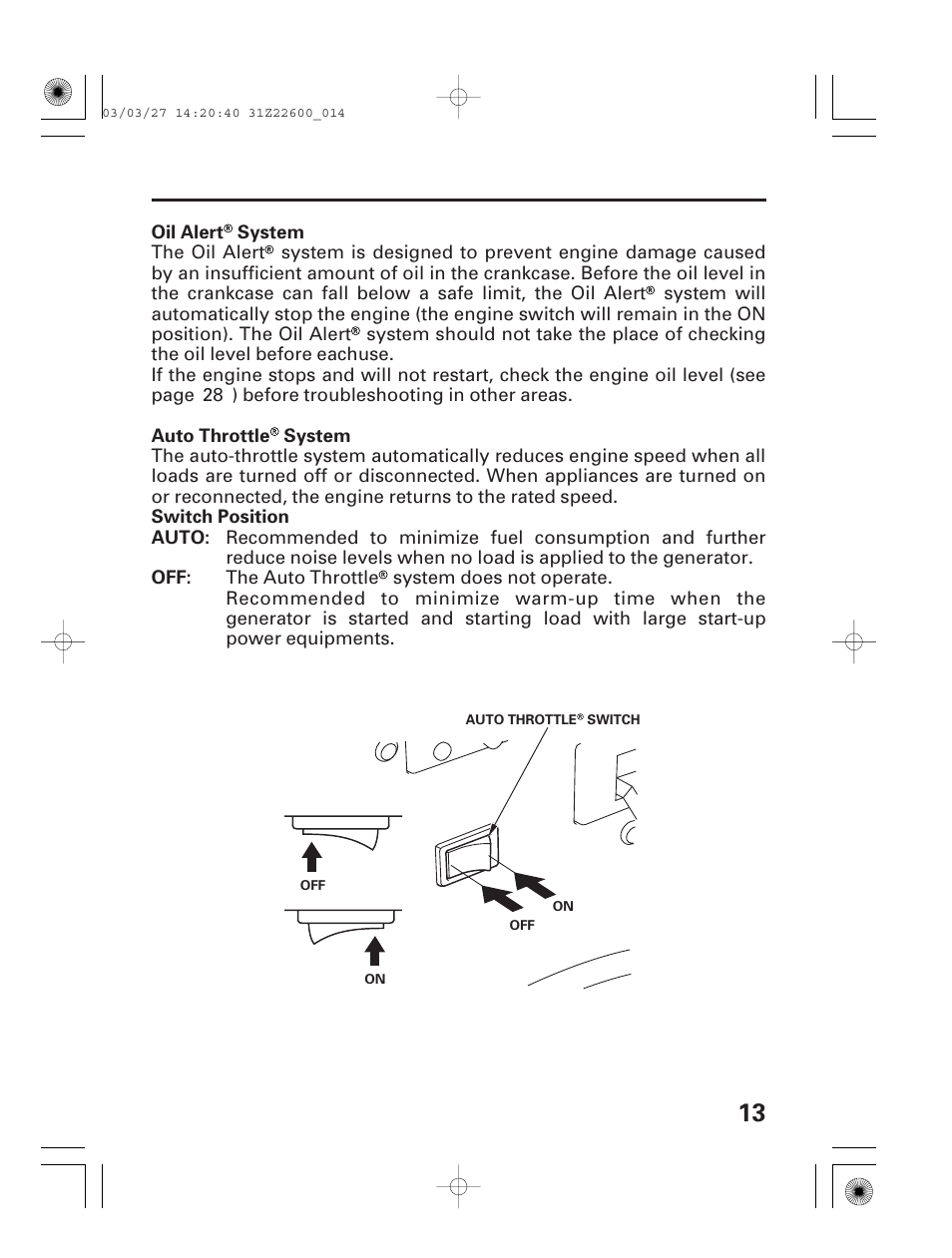Oil alert system, Auto throttle system | HONDA EB3800X User Manual | Page 15 / 69