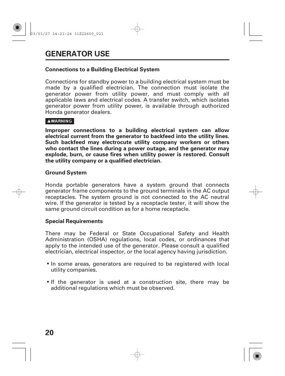 Generator use, Connections to a building electrical system, 20 generator use | HONDA EB3800X User Manual | Page 22 / 69