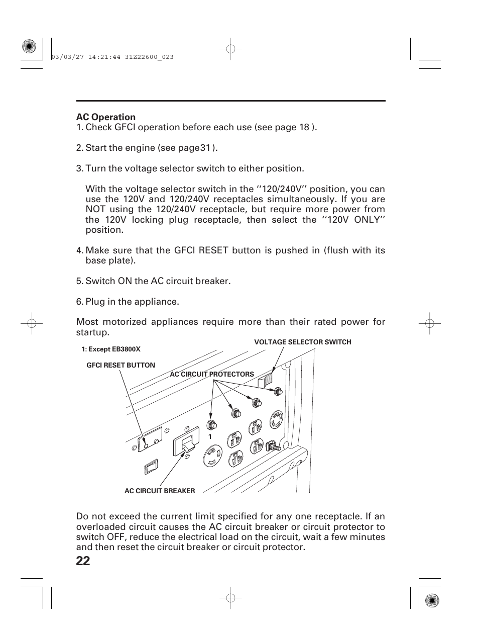 Ac operation | HONDA EB3800X User Manual | Page 24 / 69