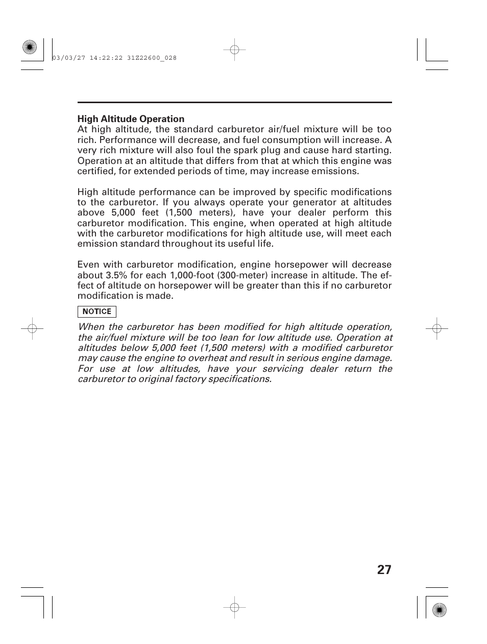 High altitude operation | HONDA EB3800X User Manual | Page 29 / 69