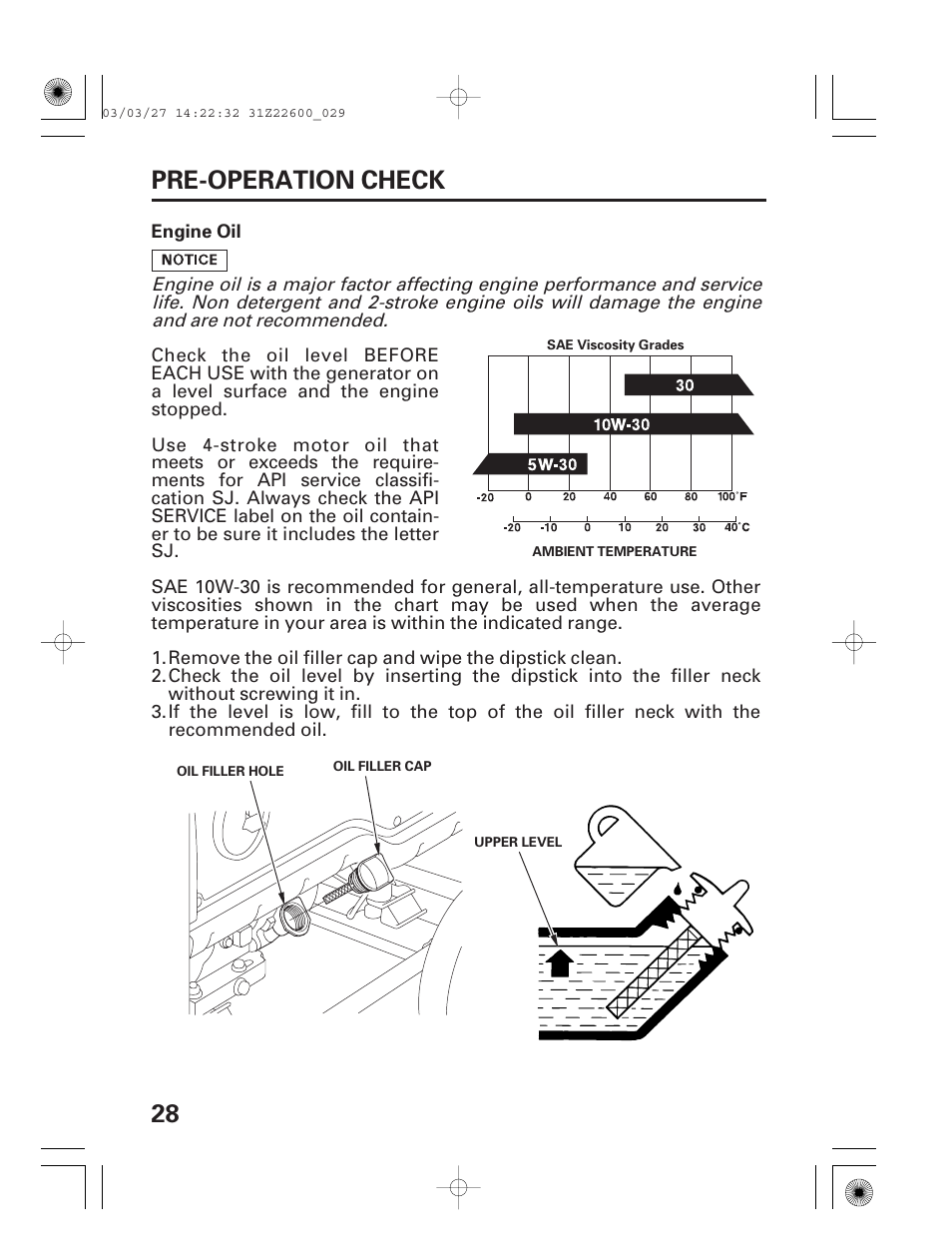 Pre-operation check, Engine oil, 28 pre-operation check | HONDA EB3800X User Manual | Page 30 / 69