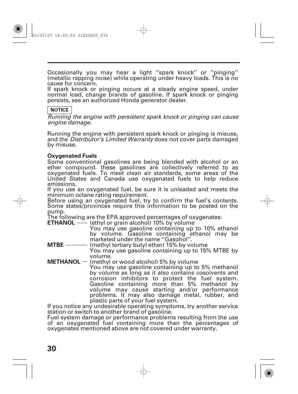 Oxygenated fuels | HONDA EB3800X User Manual | Page 32 / 69