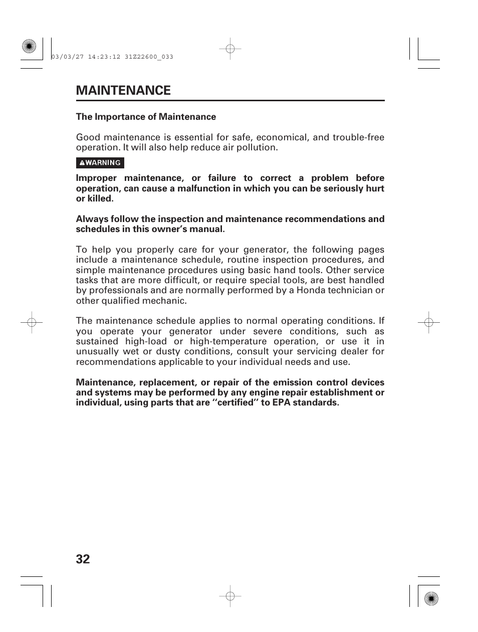 Maintenance, The importance of maintenance, 32 maintenance | HONDA EB3800X User Manual | Page 34 / 69