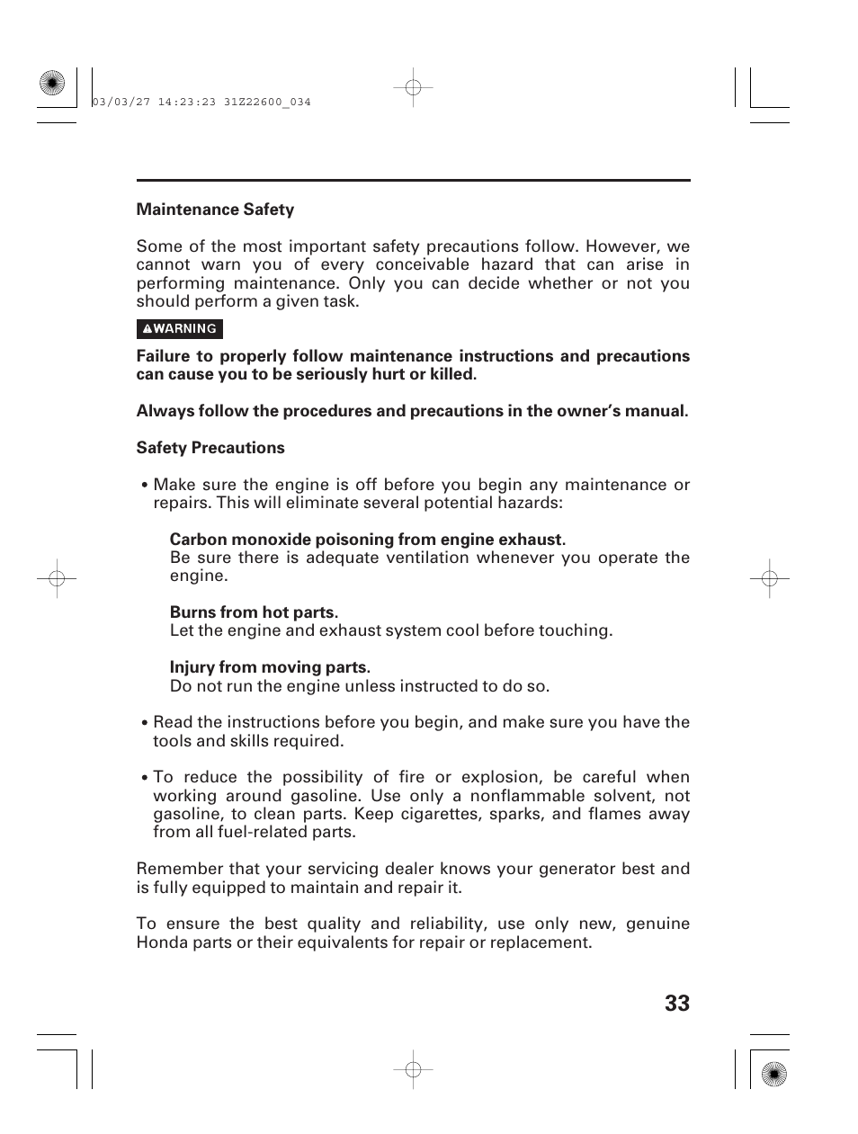 Maintenance safety, Safety precautions | HONDA EB3800X User Manual | Page 35 / 69