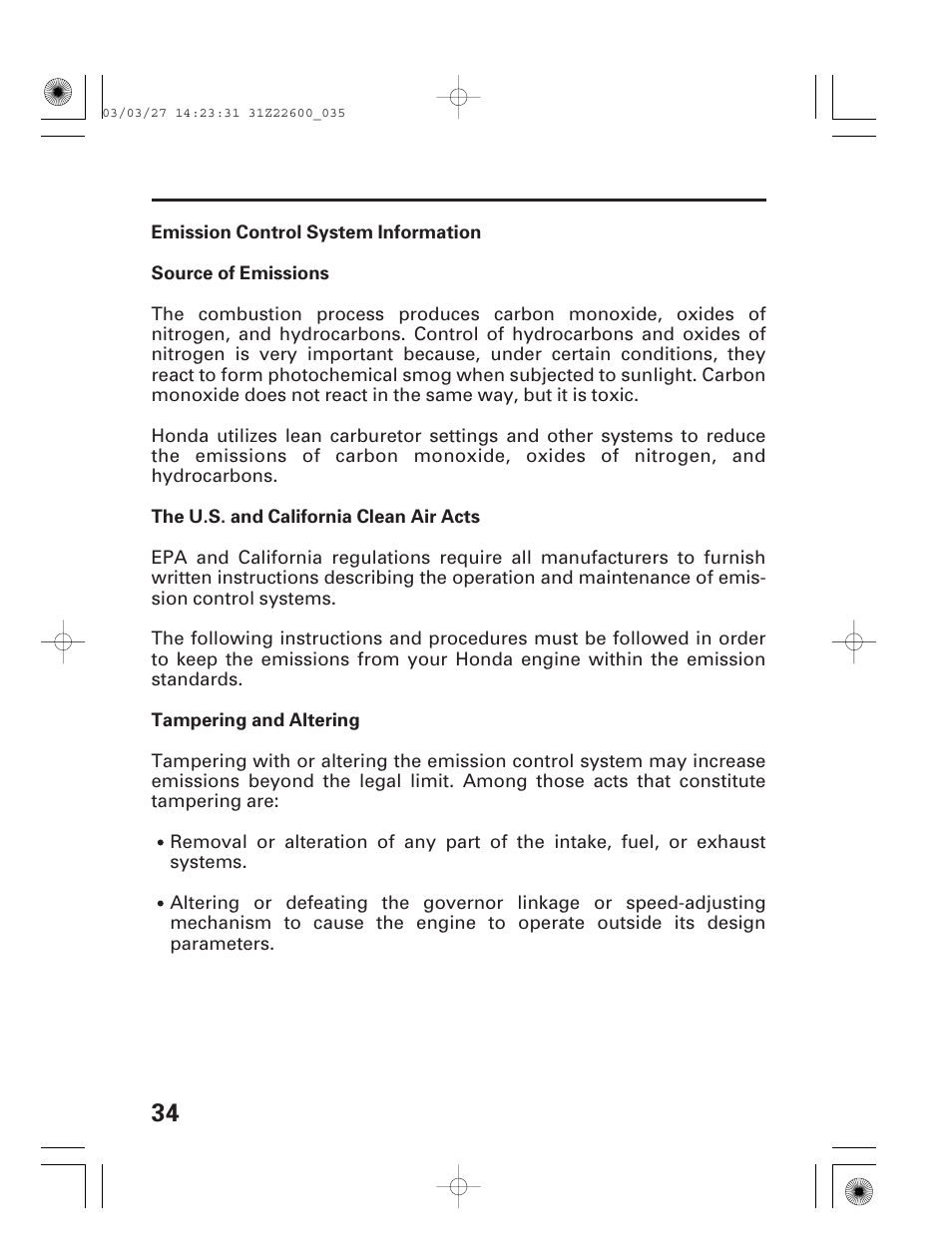 Emission control system information | HONDA EB3800X User Manual | Page 36 / 69