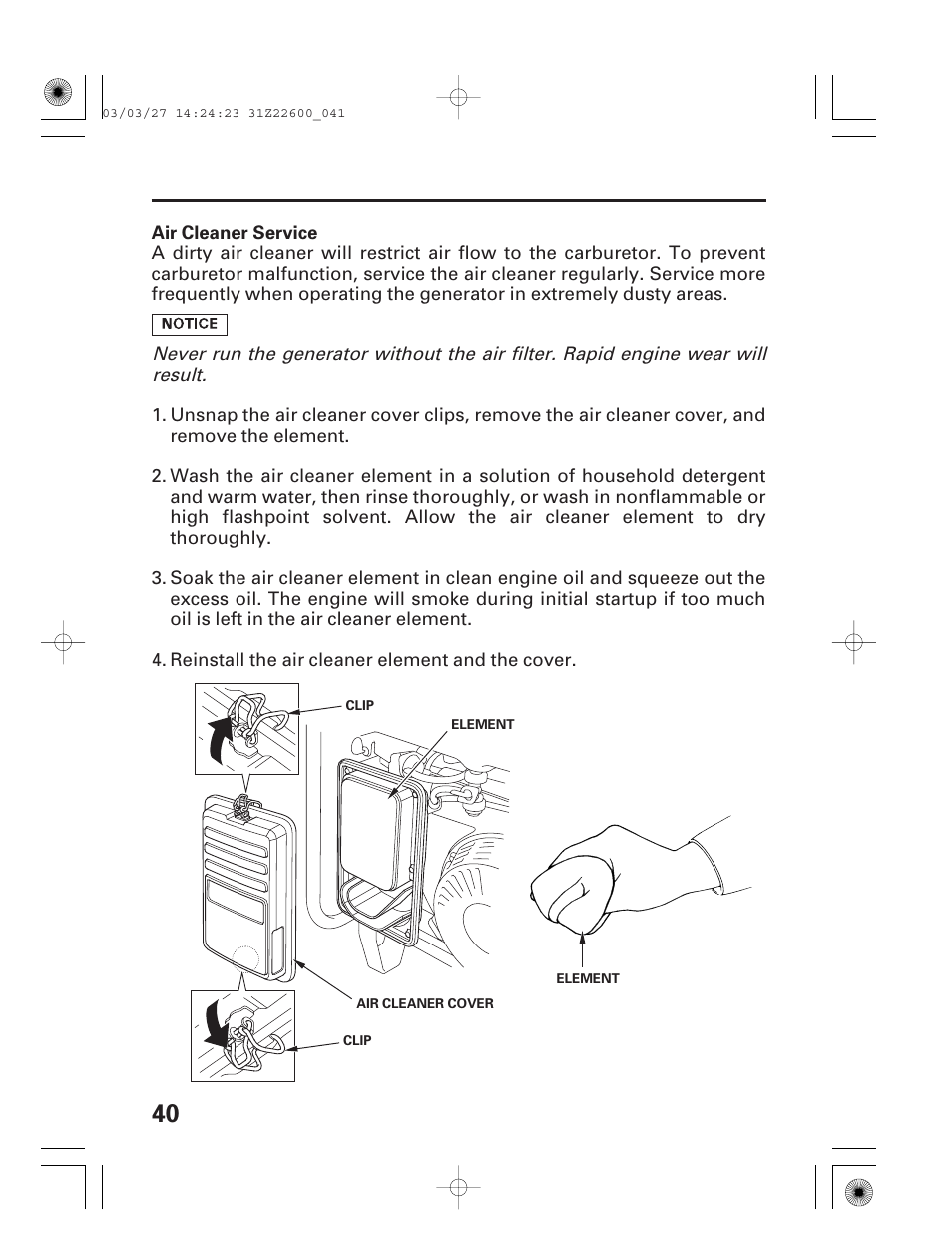 Air cleaner service | HONDA EB3800X User Manual | Page 42 / 69