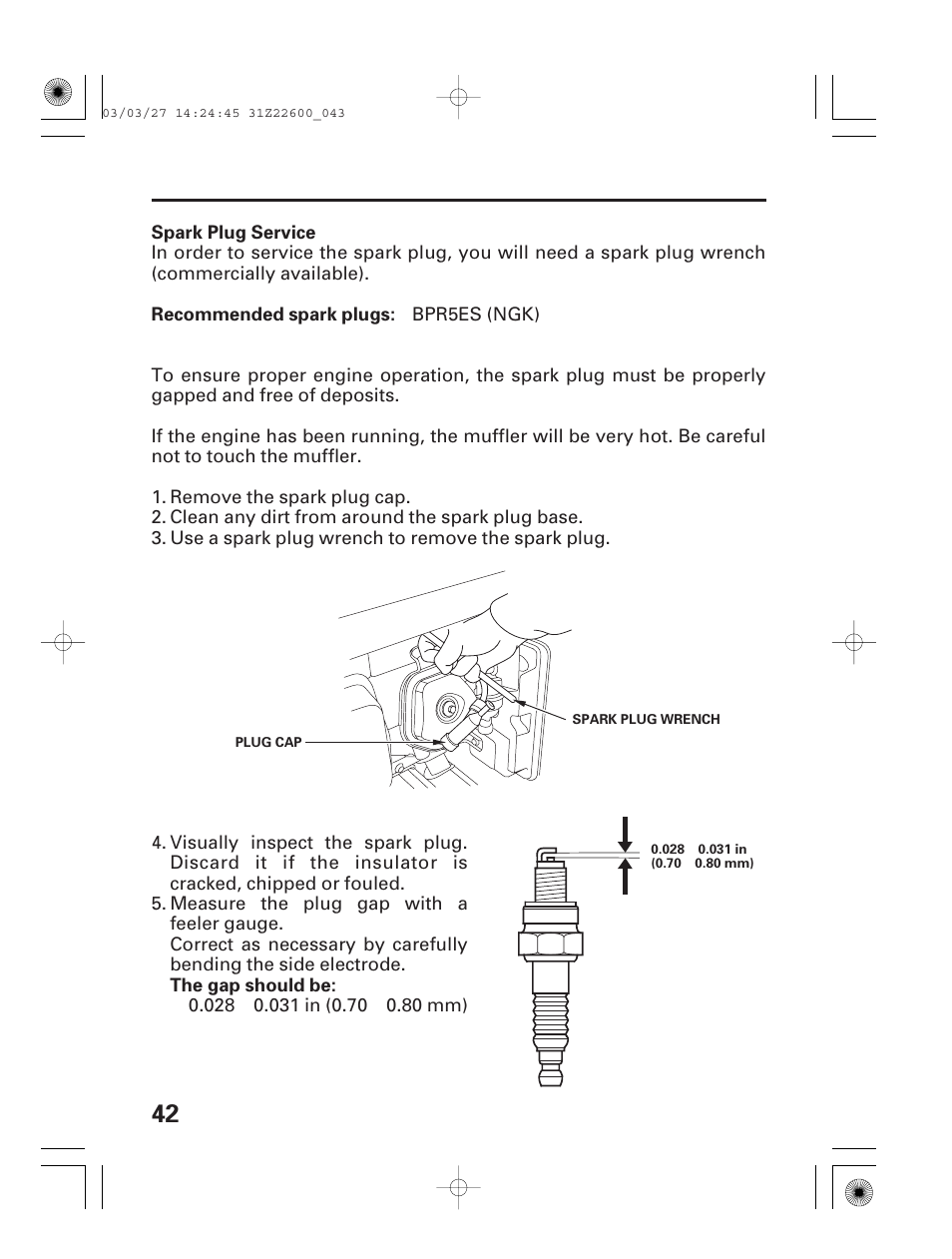 Spark plug service | HONDA EB3800X User Manual | Page 44 / 69