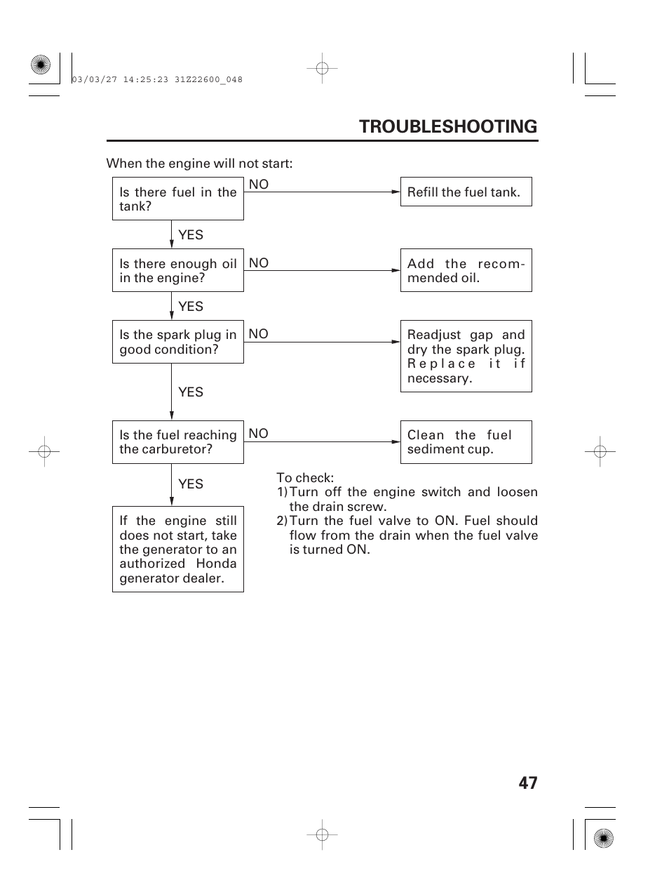 Troubleshooting, Engine will not start, 47 troubleshooting | HONDA EB3800X User Manual | Page 49 / 69