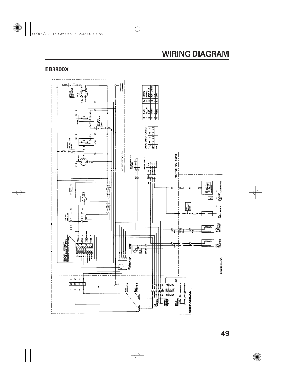 Wiring diagram, 49 wiring diagram | HONDA EB3800X User Manual | Page 51 / 69