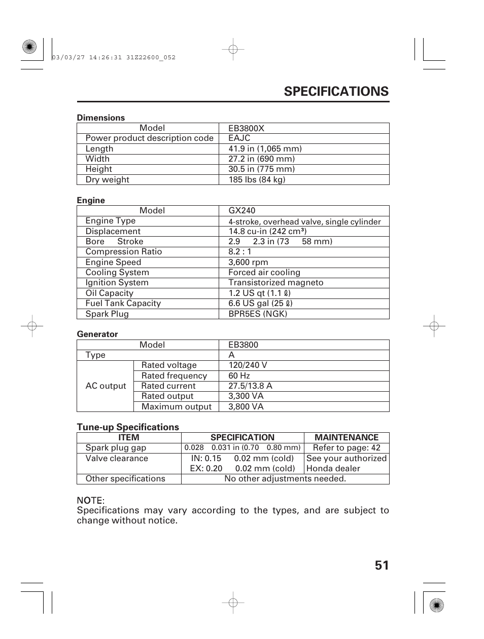 Specifications, 51 specifications | HONDA EB3800X User Manual | Page 53 / 69