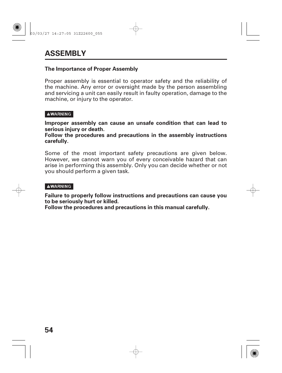 Assembly, The importance of proper assembly, 54 assembly | HONDA EB3800X User Manual | Page 56 / 69