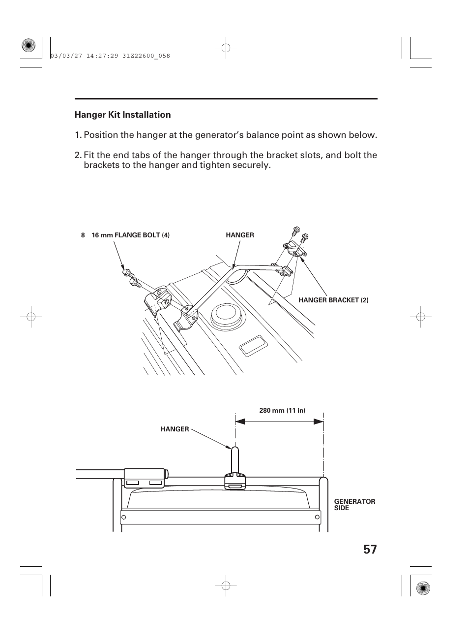 Hanger kit installation | HONDA EB3800X User Manual | Page 59 / 69