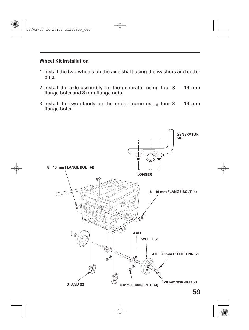 Wheel kit installation | HONDA EB3800X User Manual | Page 61 / 69