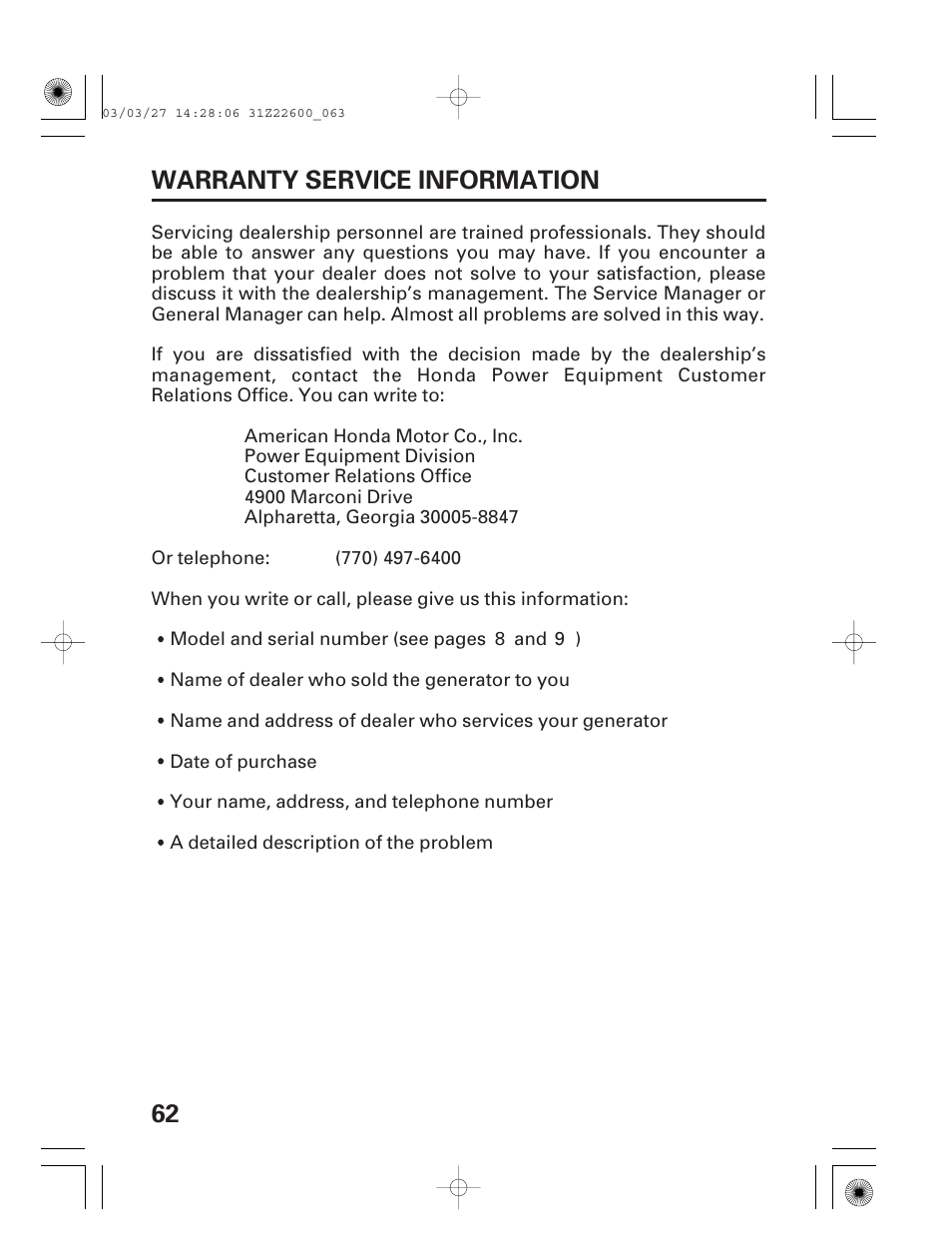 Warranty service information, 62 warranty service information | HONDA EB3800X User Manual | Page 64 / 69