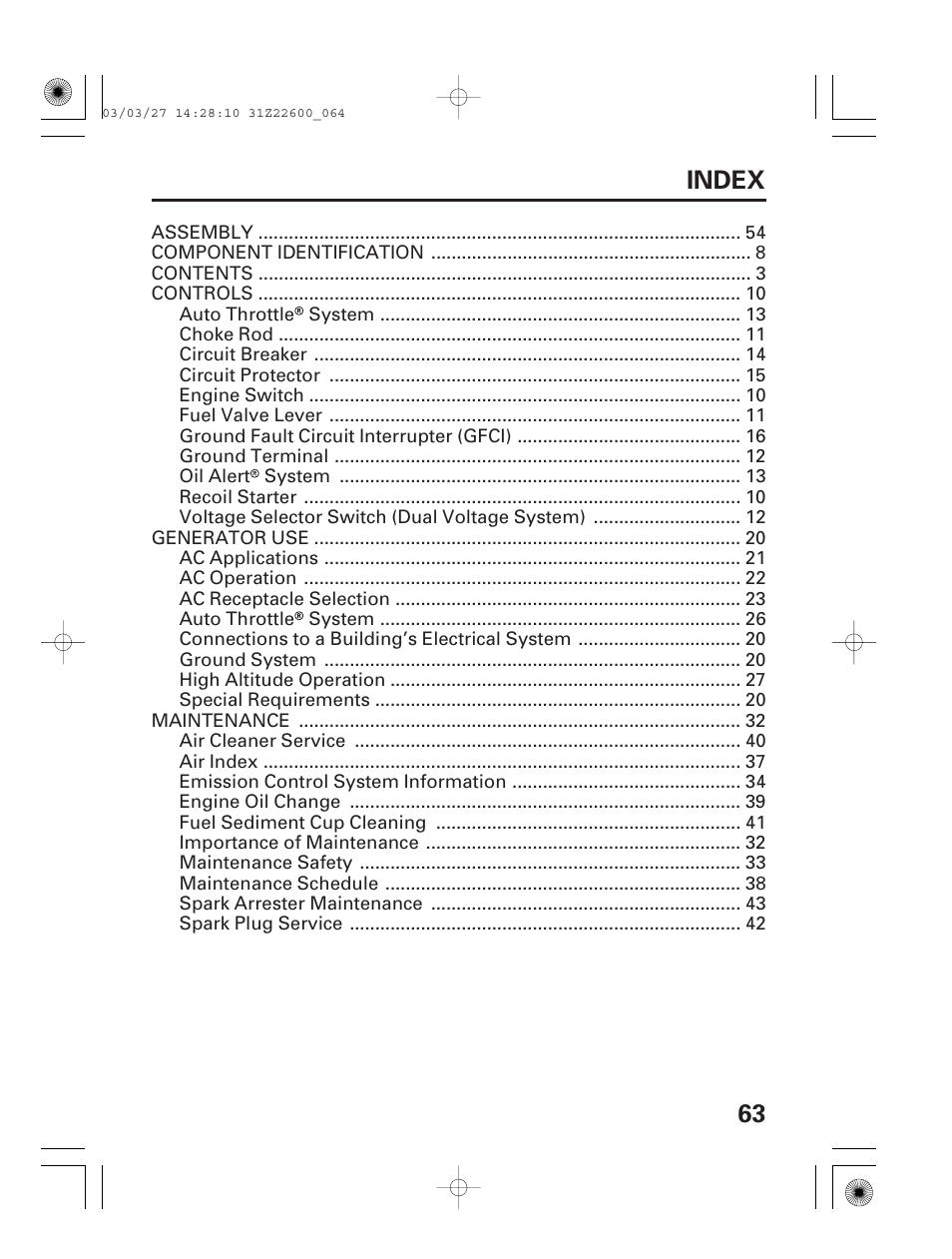 Index, 63 index | HONDA EB3800X User Manual | Page 65 / 69
