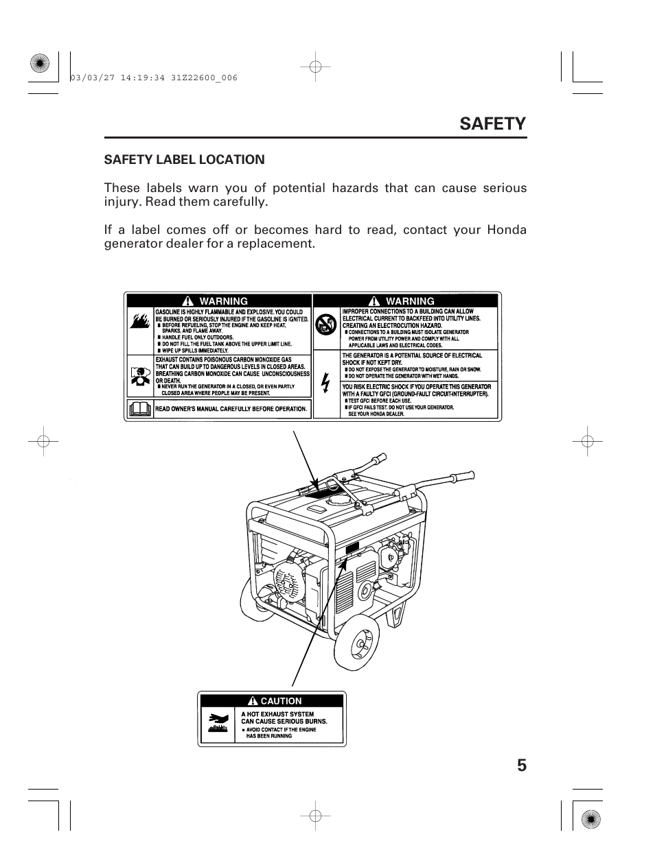 Safety, Safety label location, 5safety | HONDA EB3800X User Manual | Page 7 / 69