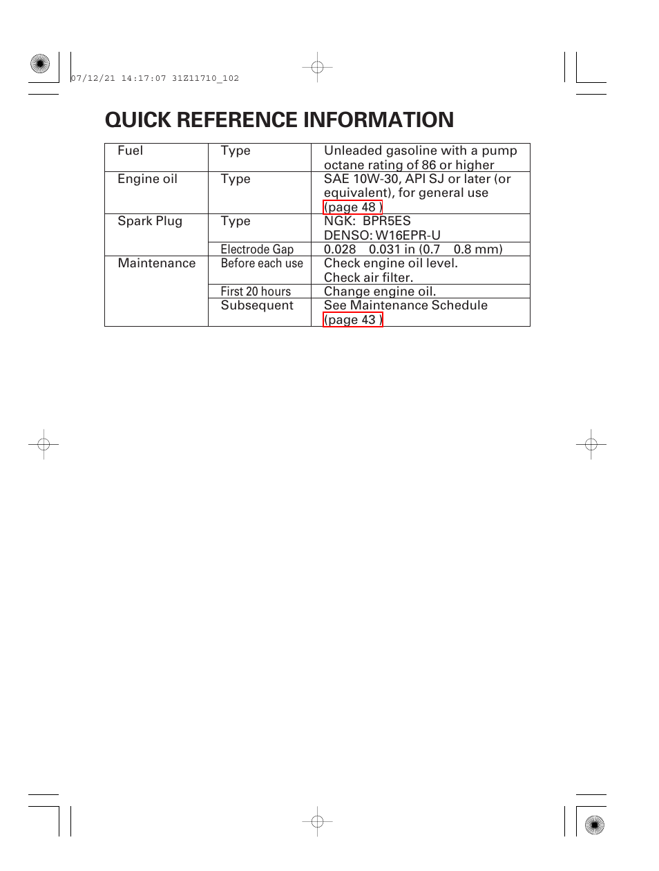 Quick reference information, Inside back cover | HONDA EM5000is User Manual | Page 103 / 104