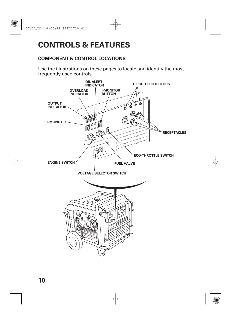 Controls & features, Component & control locations | HONDA EM5000is User Manual | Page 12 / 104