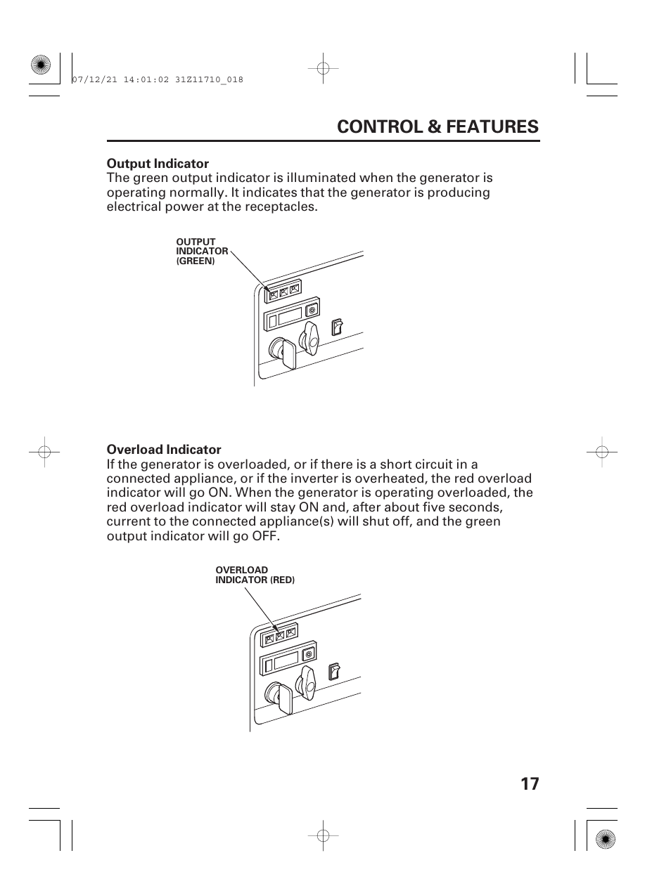 Output indicator, Overload indicator, 17 control & features | HONDA EM5000is User Manual | Page 19 / 104