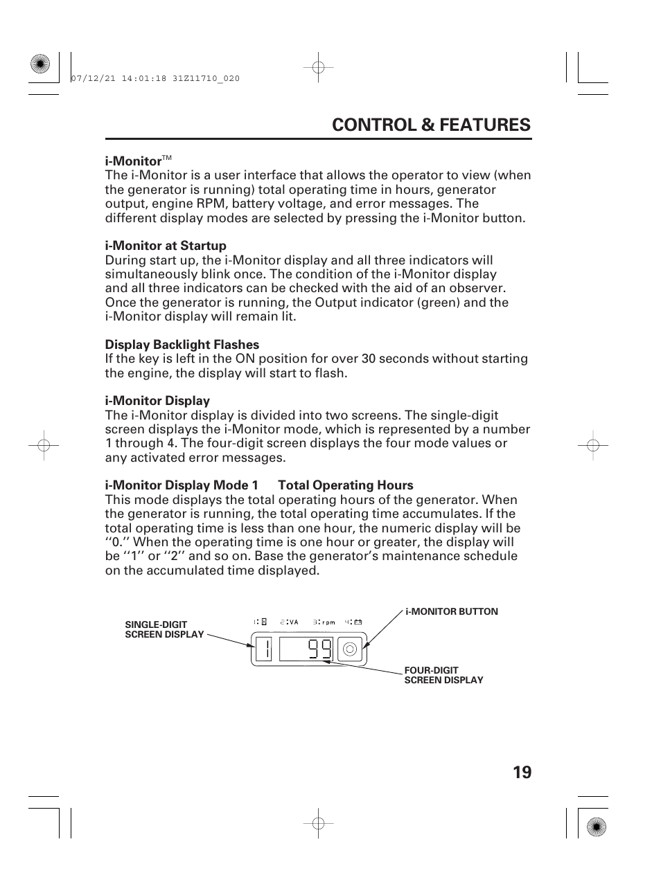 I-monitor, 19 control & features | HONDA EM5000is User Manual | Page 21 / 104