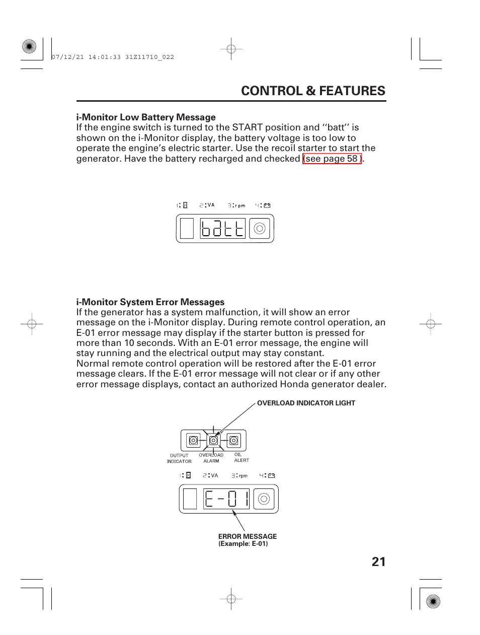 21 control & features | HONDA EM5000is User Manual | Page 23 / 104