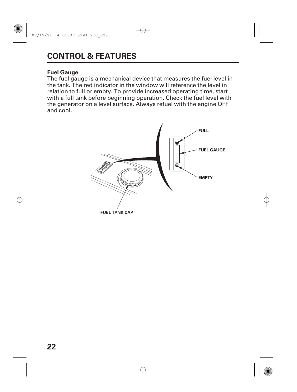 Fuel gauge, 22 control & features | HONDA EM5000is User Manual | Page 24 / 104