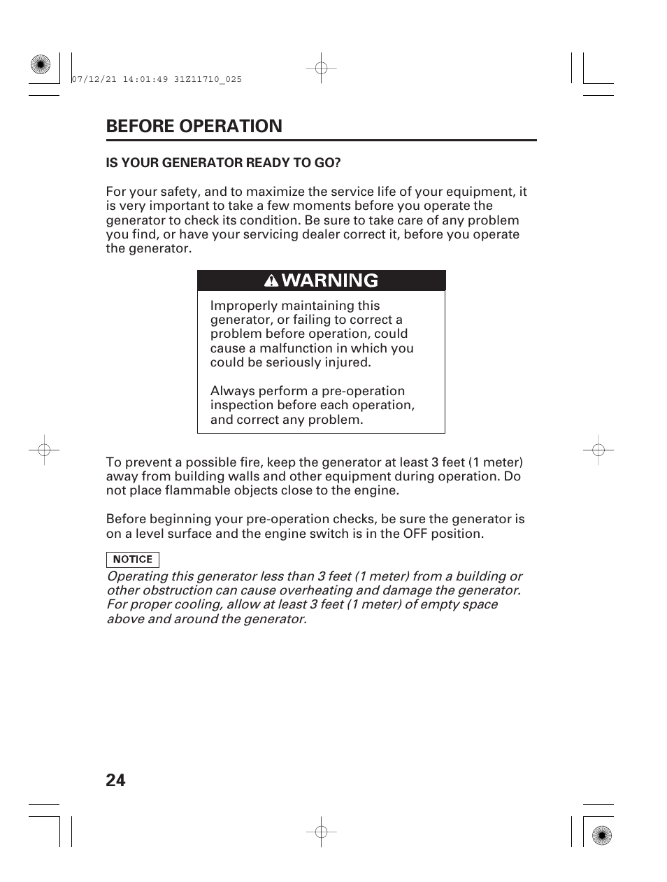 Is your generator ready to go, 24 before operation | HONDA EM5000is User Manual | Page 26 / 104