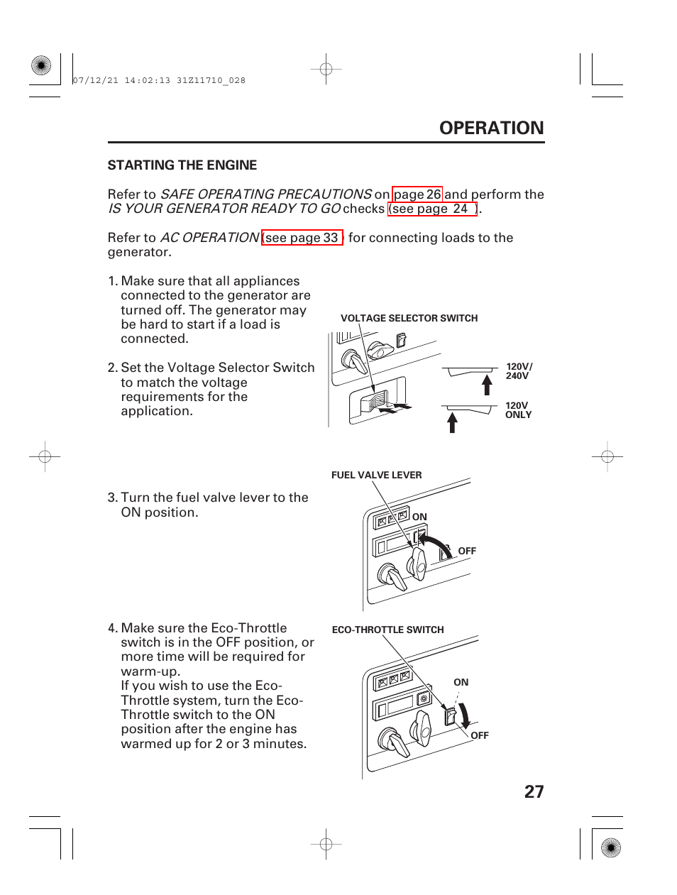 Starting the engine, 27 operation | HONDA EM5000is User Manual | Page 29 / 104
