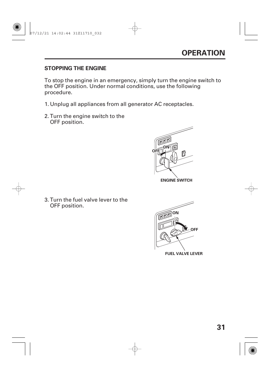 Stopping the engine, 31 operation | HONDA EM5000is User Manual | Page 33 / 104