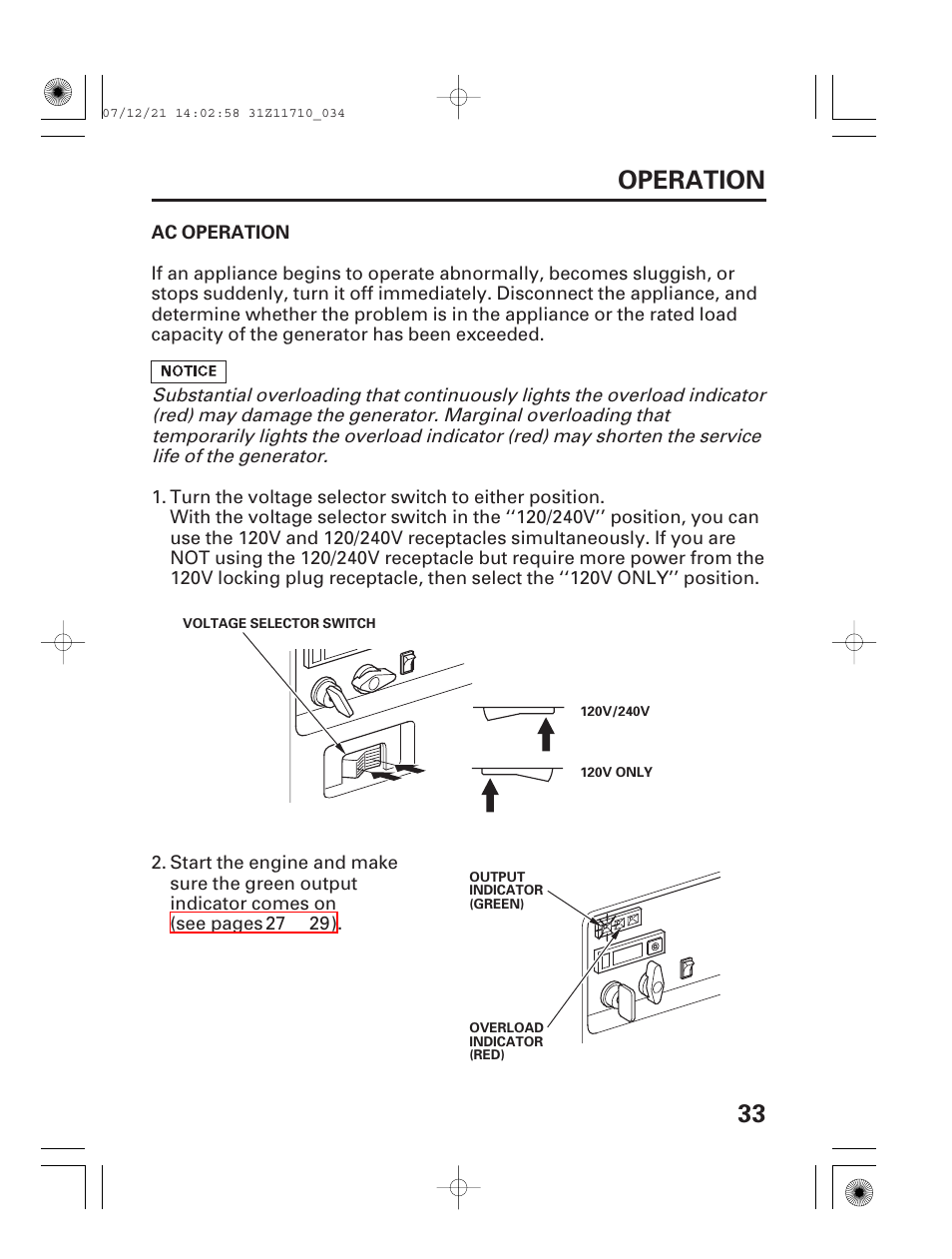 Ac operation, 33 operation | HONDA EM5000is User Manual | Page 35 / 104