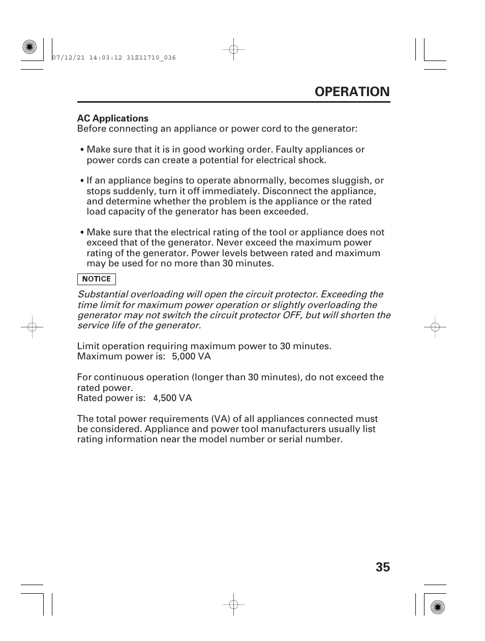 Ac applications, 35 operation | HONDA EM5000is User Manual | Page 37 / 104