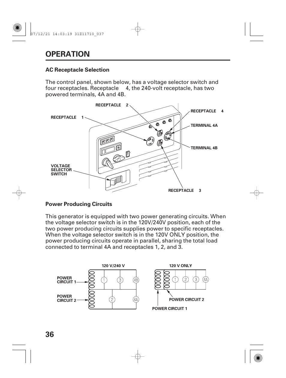 Ac receptacle selection, Power producing circuits, 36 operation | HONDA EM5000is User Manual | Page 38 / 104
