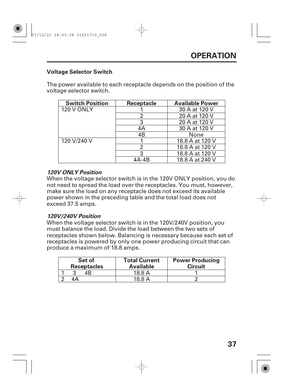 Voltage selector switch, 37 operation | HONDA EM5000is User Manual | Page 39 / 104