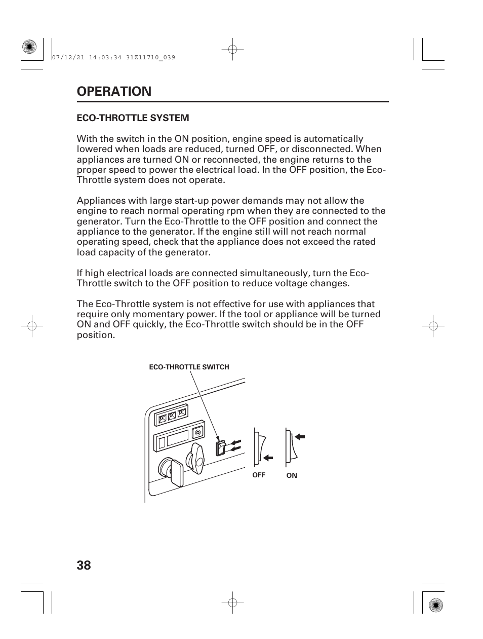Eco-throttle system, 38 operation | HONDA EM5000is User Manual | Page 40 / 104