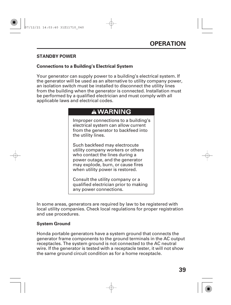 Standby power, Connections to a building's electrical system, System ground | 39 operation | HONDA EM5000is User Manual | Page 41 / 104
