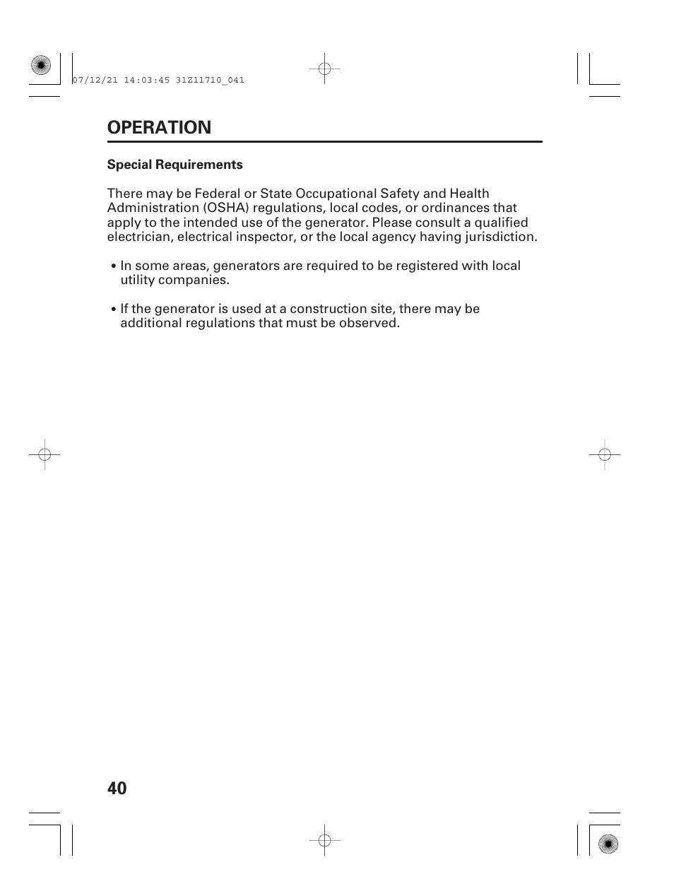 Special requirements, 40 operation | HONDA EM5000is User Manual | Page 42 / 104