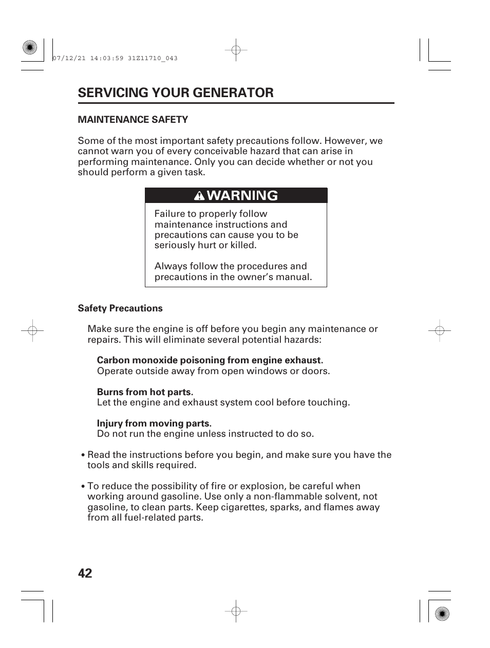 Maintenance safety, 42 servicing your generator | HONDA EM5000is User Manual | Page 44 / 104