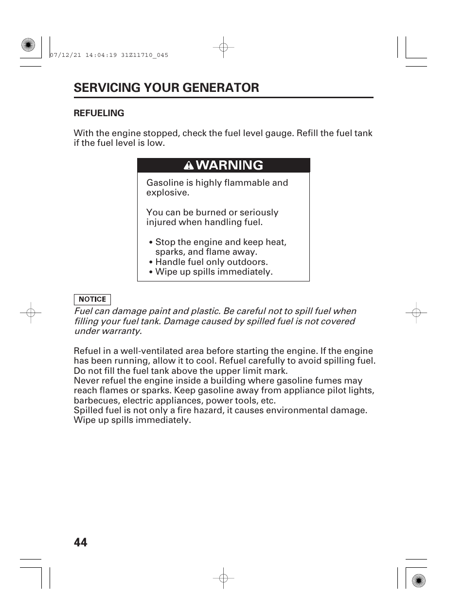 Refueling, 44 servicing your generator | HONDA EM5000is User Manual | Page 46 / 104