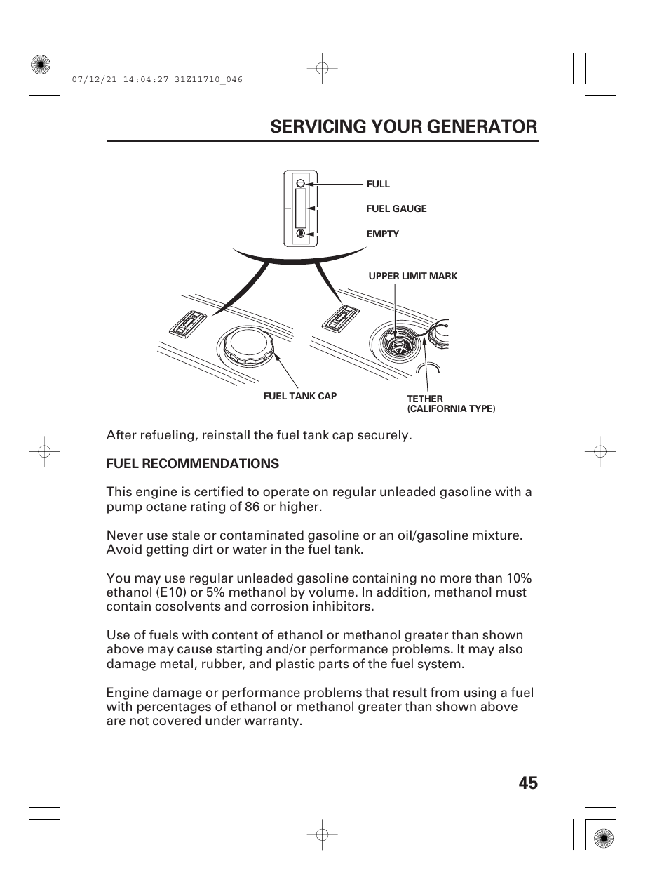 Fuel recommendations, 45 servicing your generator | HONDA EM5000is User Manual | Page 47 / 104