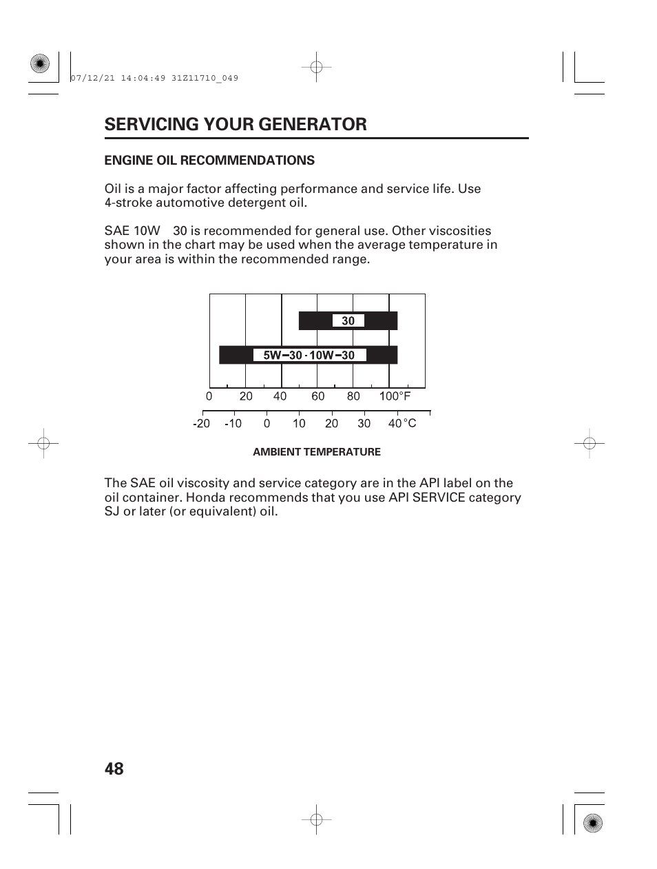 Engine oil recommendations, 48 servicing your generator | HONDA EM5000is User Manual | Page 50 / 104