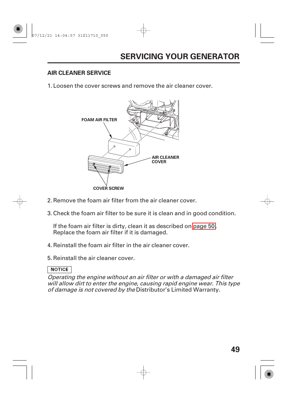 Air cleaner service, 49 servicing your generator | HONDA EM5000is User Manual | Page 51 / 104