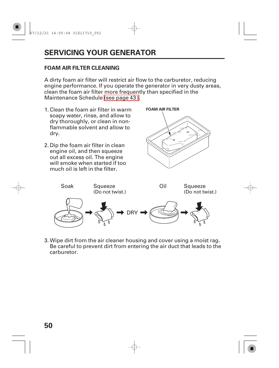 Foam air filter cleaning, 50 servicing your generator | HONDA EM5000is User Manual | Page 52 / 104